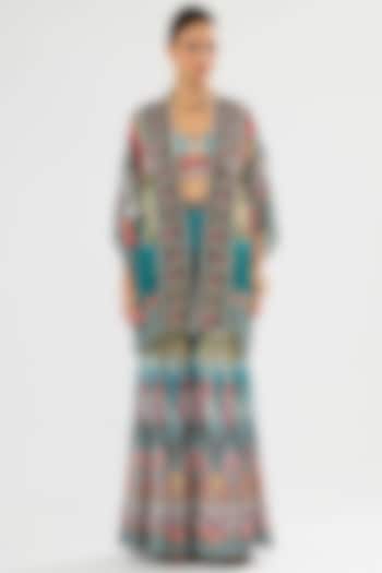 Teal & Black Silk Printed Cape by Rajdeep Ranawat at Pernia's Pop Up Shop