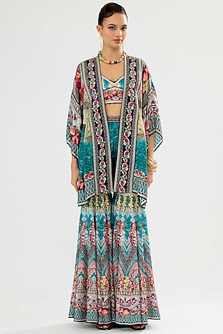 Teal & Black Silk Printed Cape by Rajdeep Ranawat