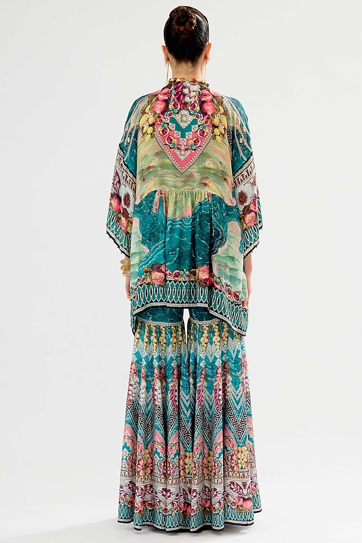 Teal & Black Silk Printed Cape by Rajdeep Ranawat at Pernia's Pop Up Shop