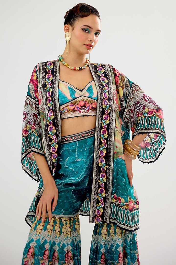 Teal & Black Silk Printed Cape by Rajdeep Ranawat at Pernia's Pop Up Shop