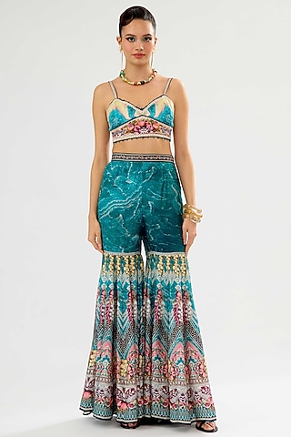 Teal & Black Poly Lycra Printed Sharara by Rajdeep Ranawat