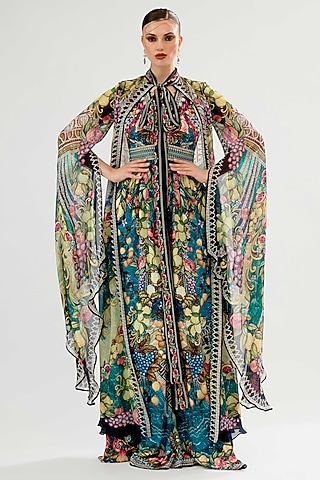 Teal & Black Silk Crepe Jumpsuit by Rajdeep Ranawat