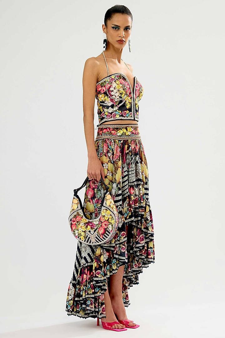 Black Satin Embroidered Corset by Rajdeep Ranawat at Pernia's Pop Up Shop