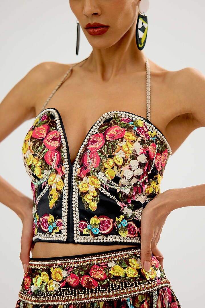 Black Satin Embroidered Corset by Rajdeep Ranawat at Pernia's Pop Up Shop