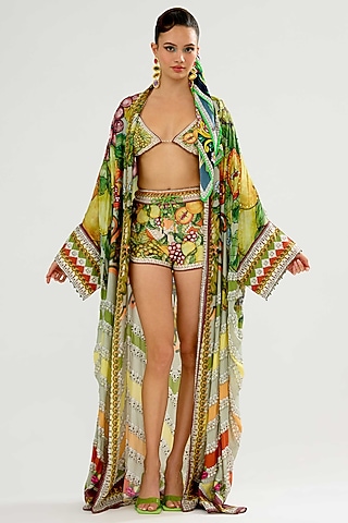 Olive & Lemon-Colored Silk Kimono Jacket by Rajdeep Ranawat