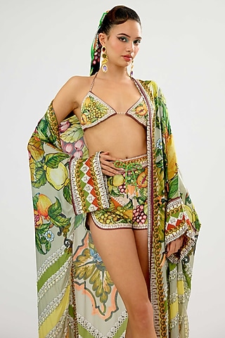 Olive & Lemon-Colored Poly Lycra Printed Shorts by Rajdeep Ranawat