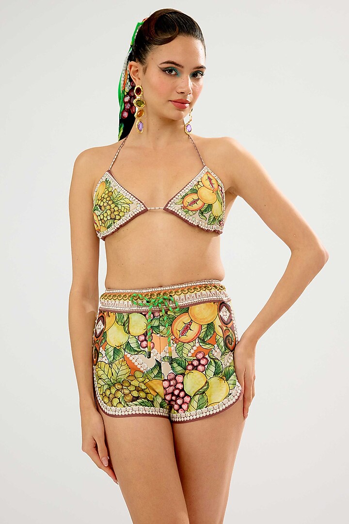 Olive & Lemon-Colored Poly Lycra Printed Shorts by Rajdeep Ranawat at Pernia's Pop Up Shop