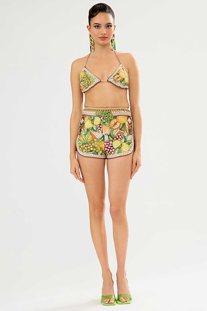 Olive & Lemon-Colored Poly Lycra Printed Shorts by Rajdeep Ranawat at Pernia's Pop Up Shop