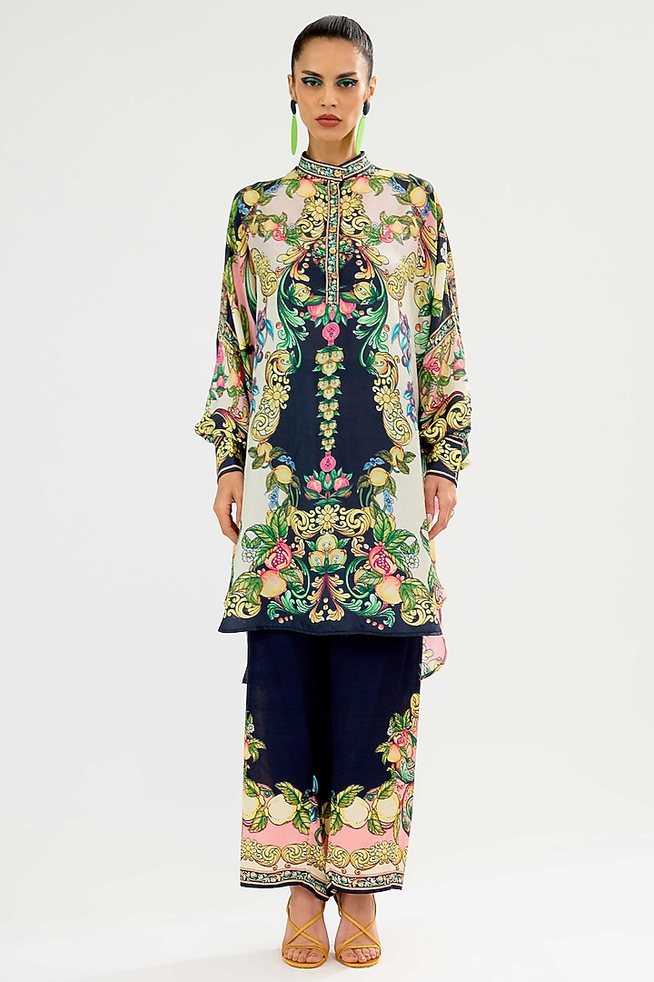 Ivory-Black Silk Placket Kurta by Rajdeep Ranawat at Pernia's Pop Up Shop