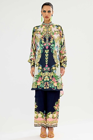 Ivory-Black Silk Placket Kurta by Rajdeep Ranawat