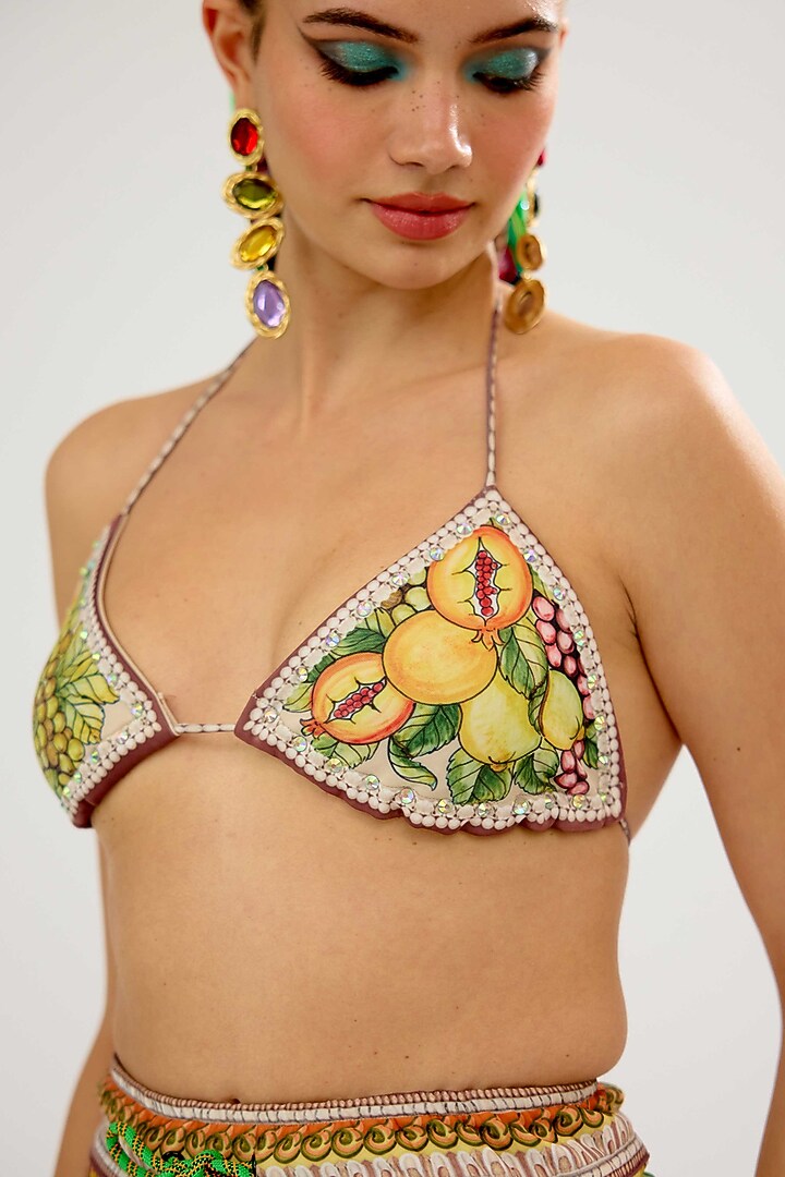 Olive & Lemon-Colored Poly Lycra Printed Bikini Top by Rajdeep Ranawat at Pernia's Pop Up Shop