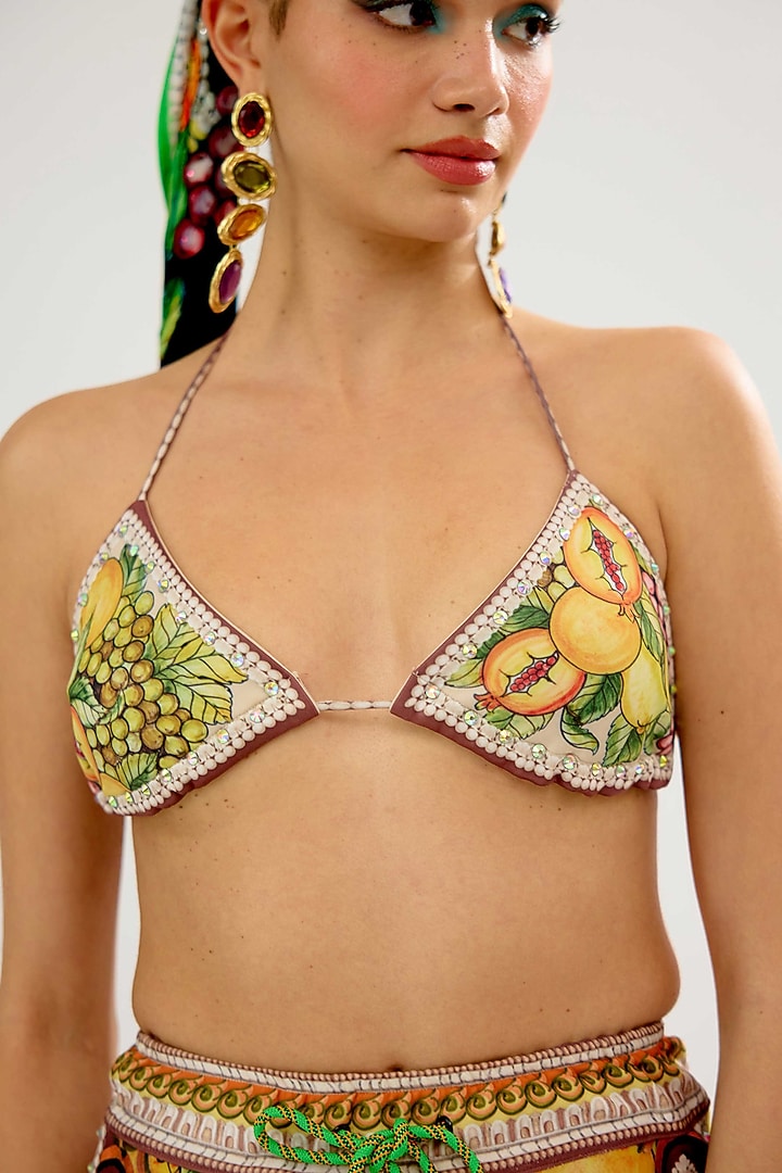 Olive & Lemon-Colored Poly Lycra Printed Bikini Top by Rajdeep Ranawat at Pernia's Pop Up Shop
