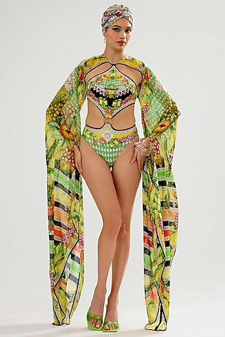 Lime-Colored Poly Lycra Printed Swimsuit by Rajdeep Ranawat