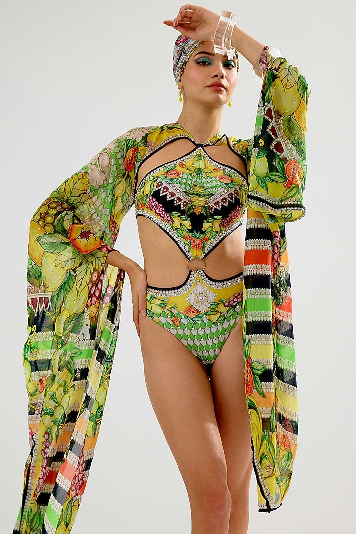 Lime-Colored Poly Lycra Printed Swimsuit by Rajdeep Ranawat at Pernia's Pop Up Shop