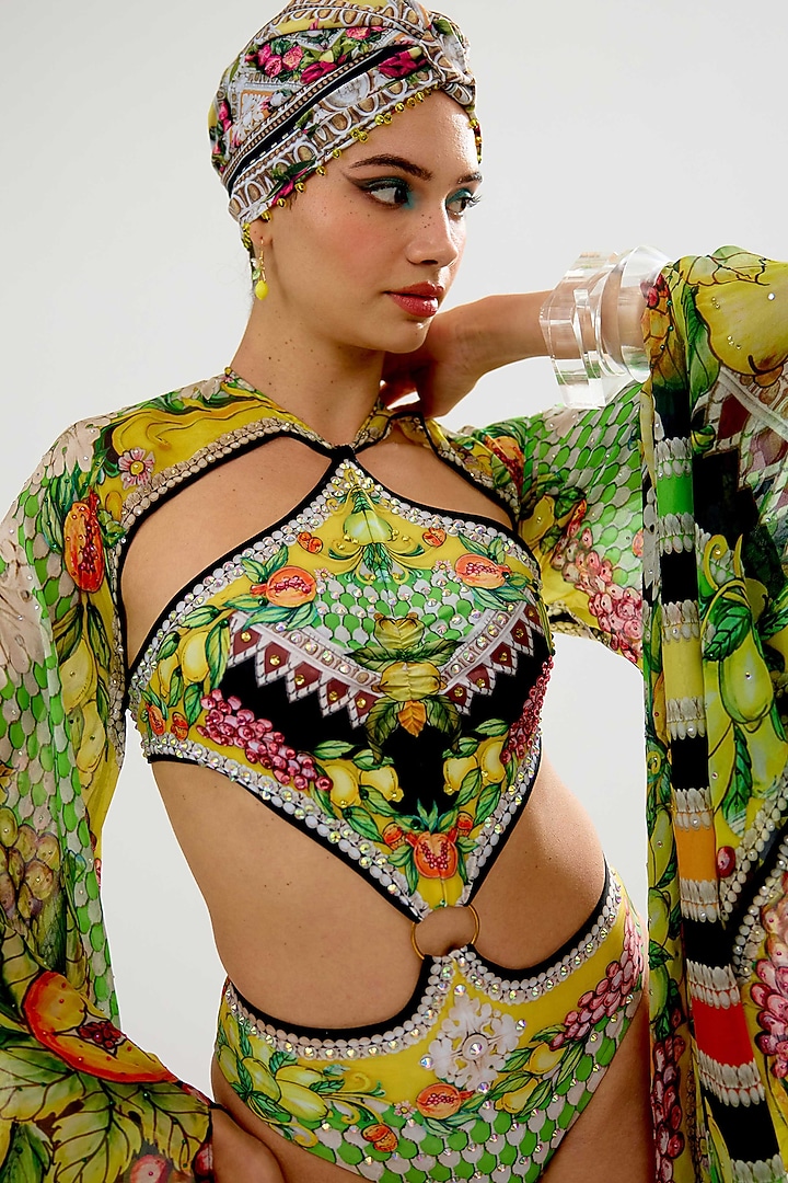 Lime-Colored Poly Lycra Printed Swimsuit by Rajdeep Ranawat at Pernia's Pop Up Shop