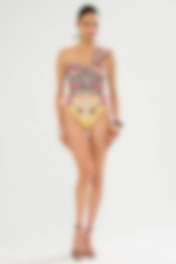 Vanilla-Colored Poly Lycra Printed One-Shoulder Swimsuit by Rajdeep Ranawat at Pernia's Pop Up Shop