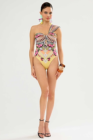 Vanilla-Colored Poly Lycra Printed One-Shoulder Swimsuit by Rajdeep Ranawat