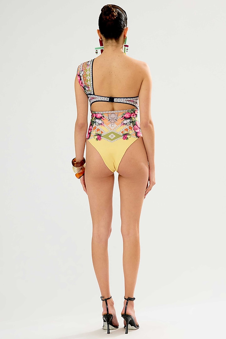 Vanilla-Colored Poly Lycra Printed One-Shoulder Swimsuit by Rajdeep Ranawat at Pernia's Pop Up Shop