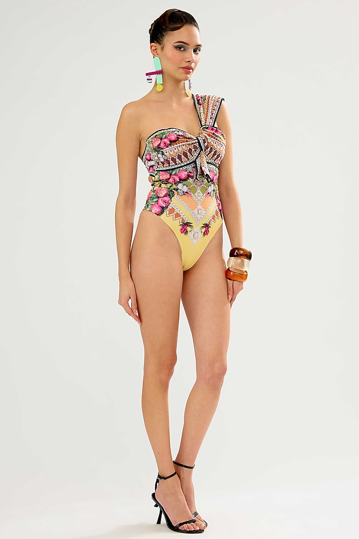 Vanilla-Colored Poly Lycra Printed One-Shoulder Swimsuit by Rajdeep Ranawat at Pernia's Pop Up Shop