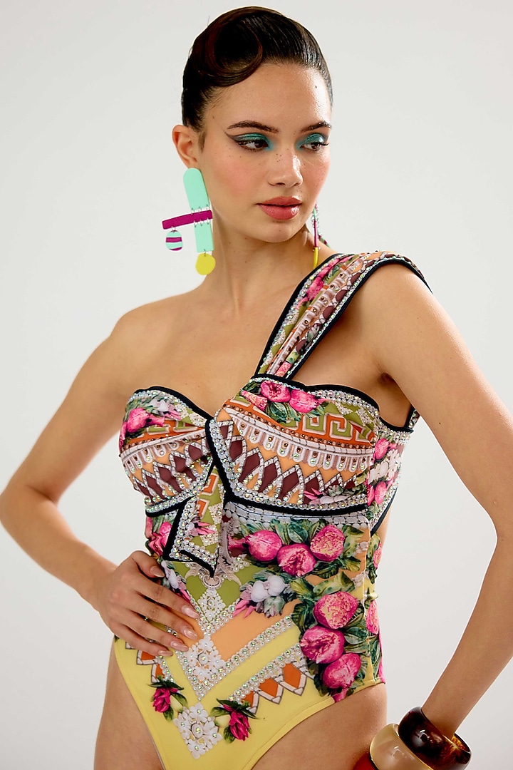 Vanilla-Colored Poly Lycra Printed One-Shoulder Swimsuit by Rajdeep Ranawat at Pernia's Pop Up Shop