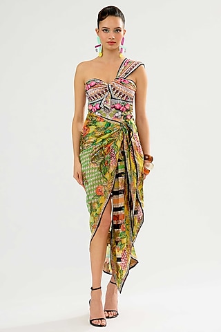 Lime-Colored Poly Chiffon Printed Sarong by Rajdeep Ranawat