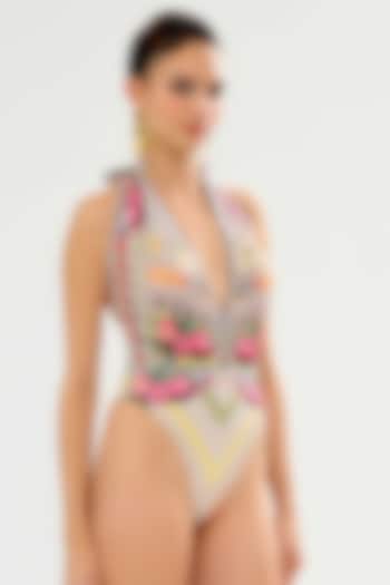 Beige Poly Lycra Printed One-Shoulder Swimsuit by Rajdeep Ranawat at Pernia's Pop Up Shop