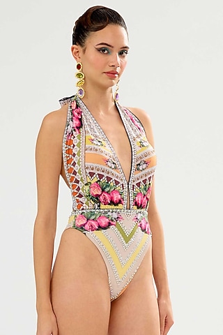Beige Poly Lycra Printed One-Shoulder Swimsuit by Rajdeep Ranawat