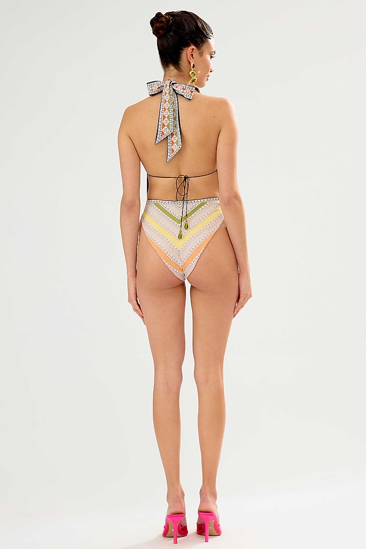 Beige Poly Lycra Printed One-Shoulder Swimsuit by Rajdeep Ranawat at Pernia's Pop Up Shop