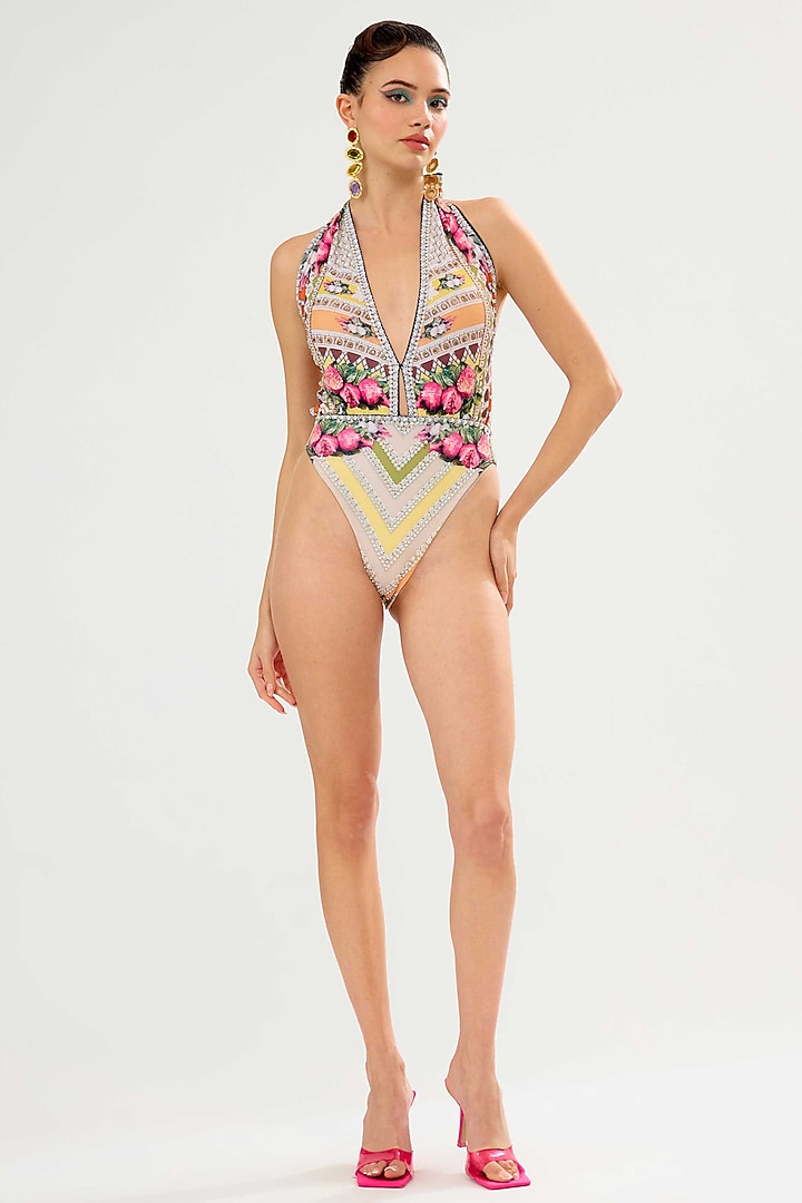 Beige Poly Lycra Printed One-Shoulder Swimsuit by Rajdeep Ranawat at Pernia's Pop Up Shop