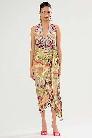 Multi-Colored Poly Chiffon Printed Sarong by Rajdeep Ranawat