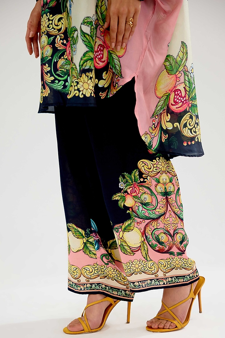 Ivory-Black Modal Satin Printed Pants by Rajdeep Ranawat at Pernia's Pop Up Shop