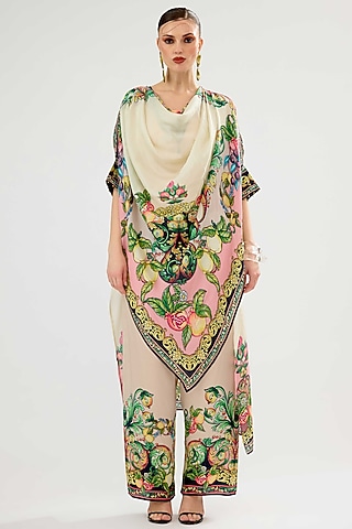 Ivory-Blush Modal Satin Printed Pants by Rajdeep Ranawat