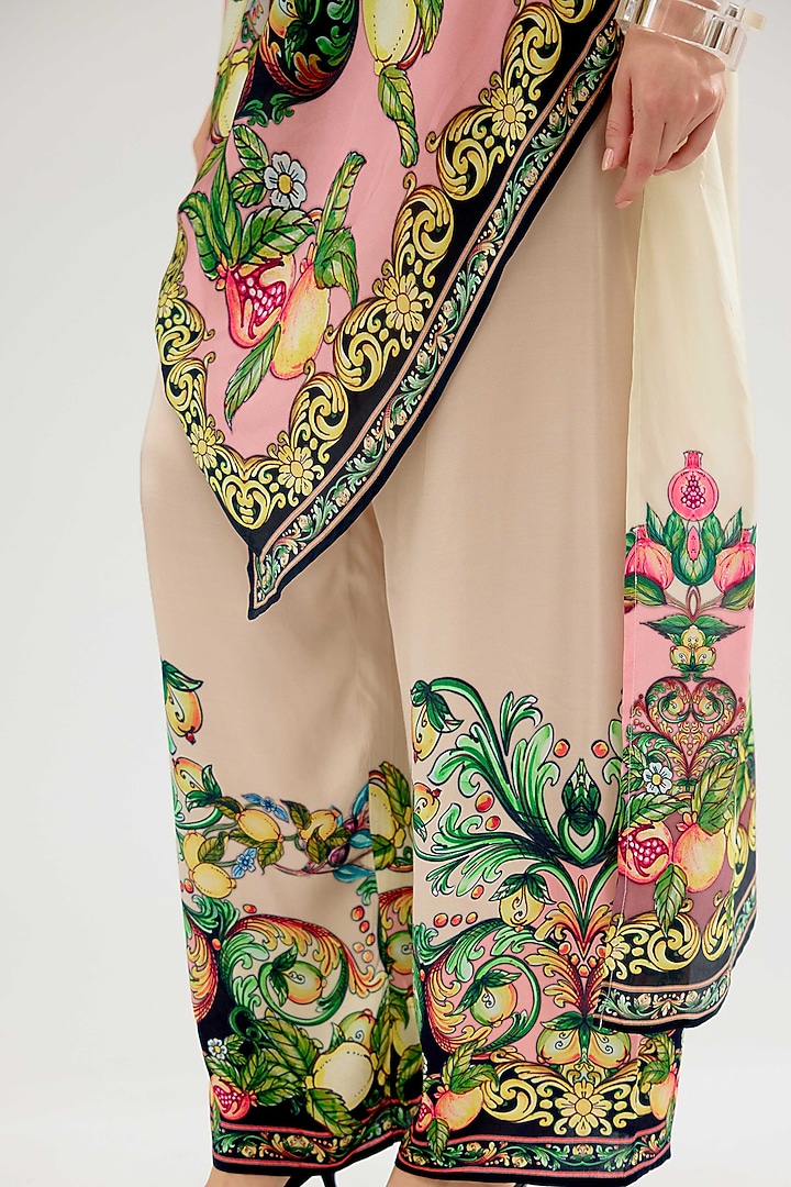 Ivory-Blush Modal Satin Printed Pants by Rajdeep Ranawat at Pernia's Pop Up Shop