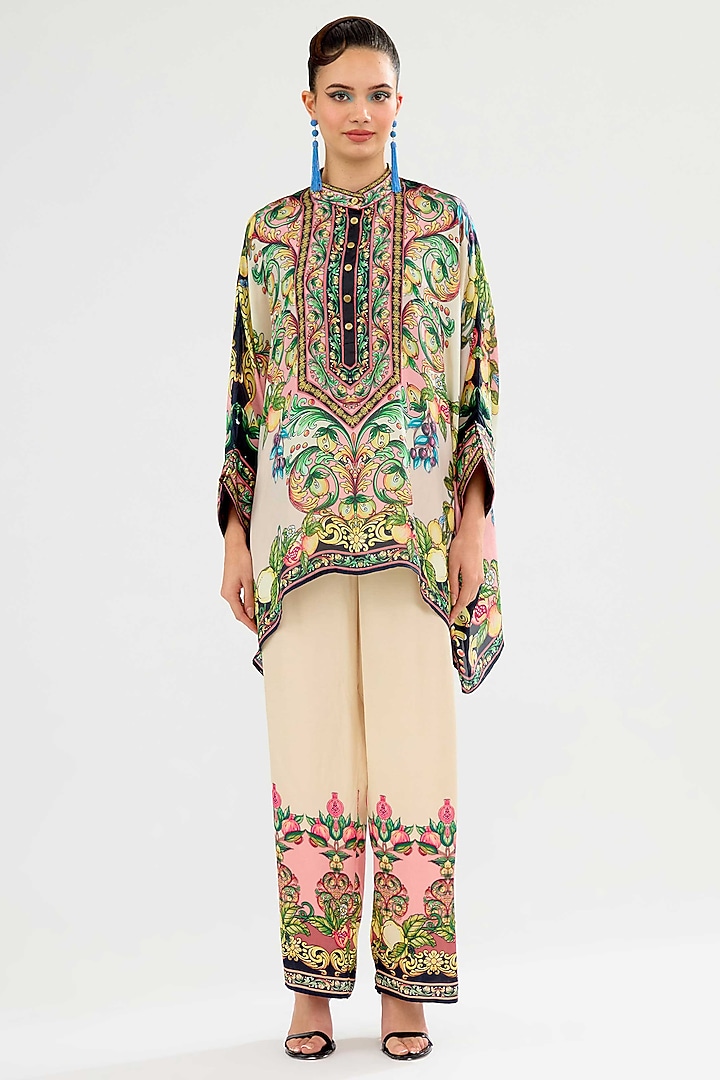 Ivory-Blush Modal Satin Printed Pants by Rajdeep Ranawat at Pernia's Pop Up Shop