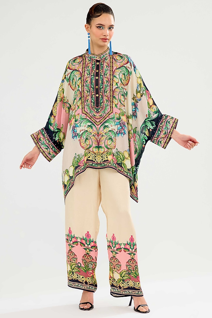 Ivory-Blush Modal Satin Printed Pants by Rajdeep Ranawat at Pernia's Pop Up Shop