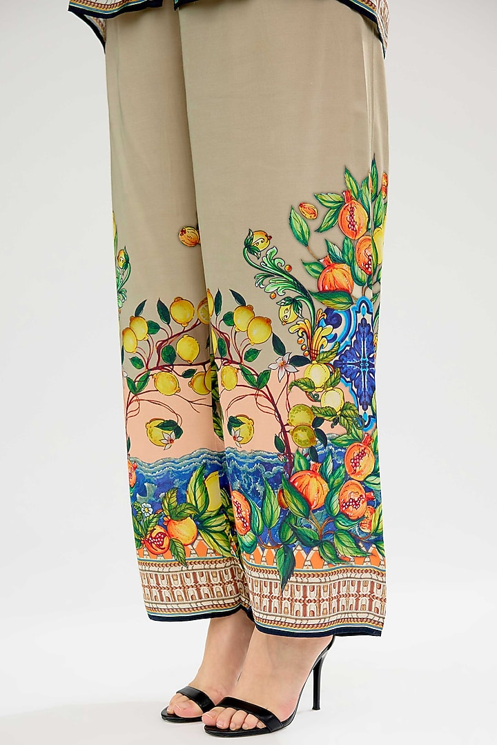 Taupe-Peach Modal Satin Printed Pants by Rajdeep Ranawat at Pernia's Pop Up Shop