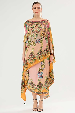 Peach-Orange Silk Printed Skirt Set by Rajdeep Ranawat