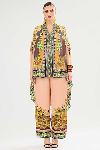 Peach-Orange Modal Satin Printed Pants by Rajdeep Ranawat