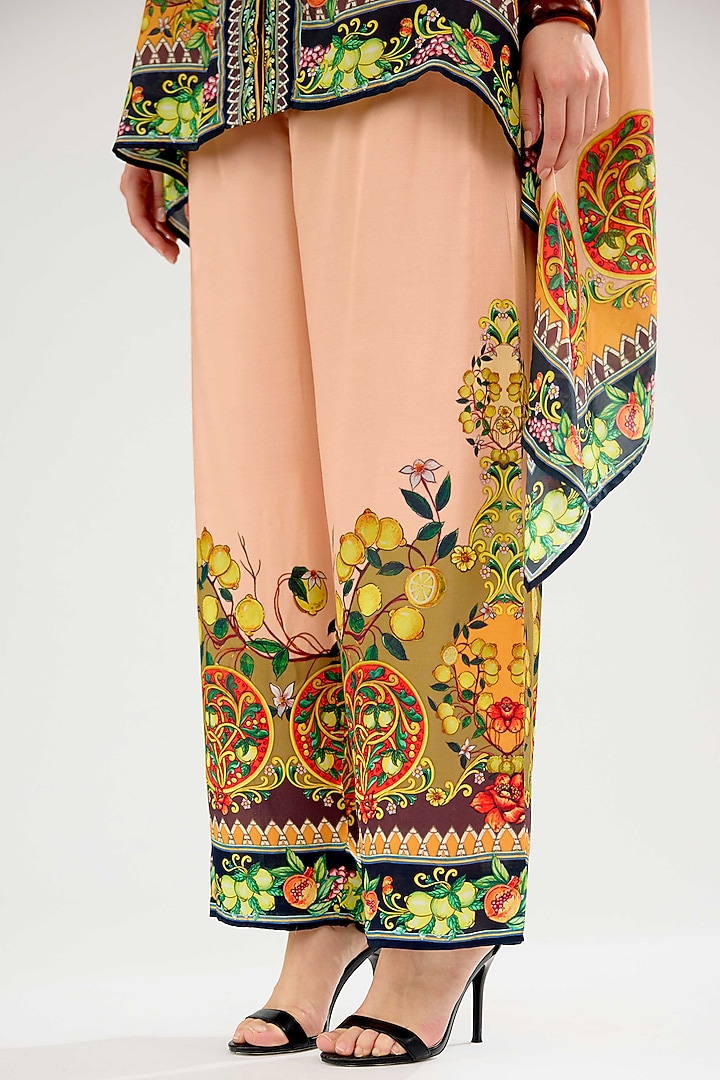 Peach-Orange Modal Satin Printed Pants by Rajdeep Ranawat at Pernia's Pop Up Shop
