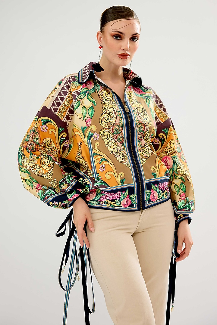 Olive-Orange Cotton Poplin Printed Jacket by Rajdeep Ranawat at Pernia's Pop Up Shop