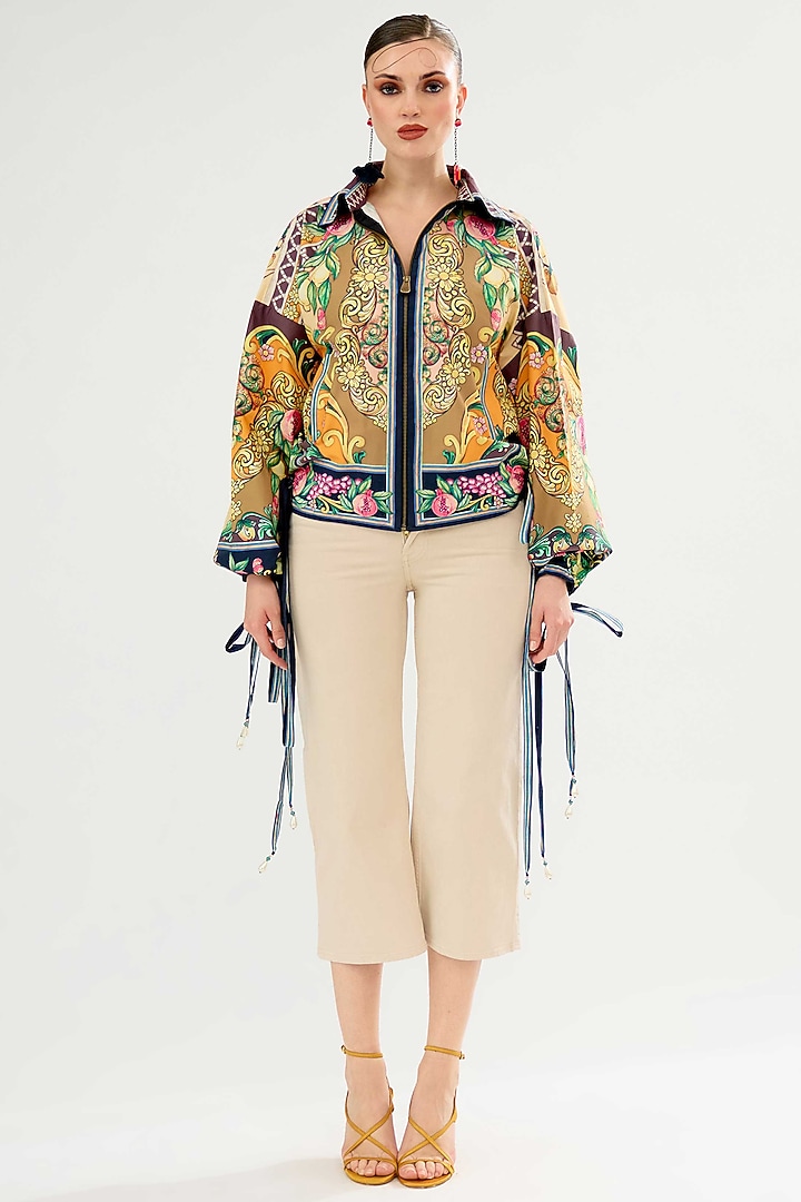 Olive-Orange Cotton Poplin Printed Jacket by Rajdeep Ranawat at Pernia's Pop Up Shop