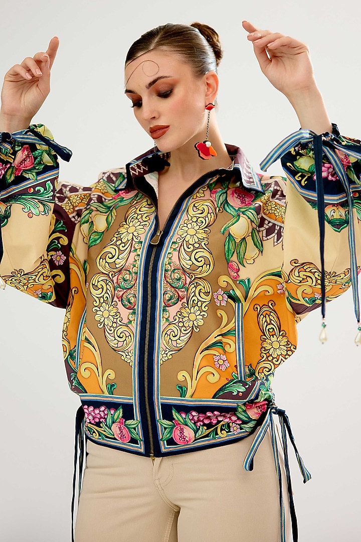 Olive-Orange Cotton Poplin Printed Jacket by Rajdeep Ranawat at Pernia's Pop Up Shop