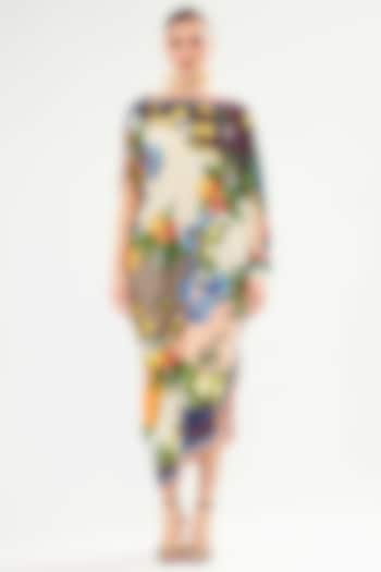Ivory & Multi-Colored Bemberg Crepe Printed Asymmetrical Vacation Dress by Rajdeep Ranawat at Pernia's Pop Up Shop