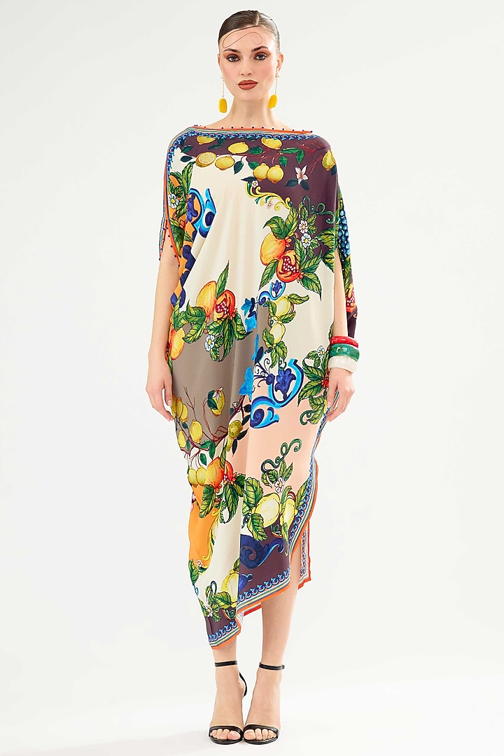 Ivory & Multi-Colored Bemberg Crepe Printed Asymmetrical Vacation Dress by Rajdeep Ranawat at Pernia's Pop Up Shop