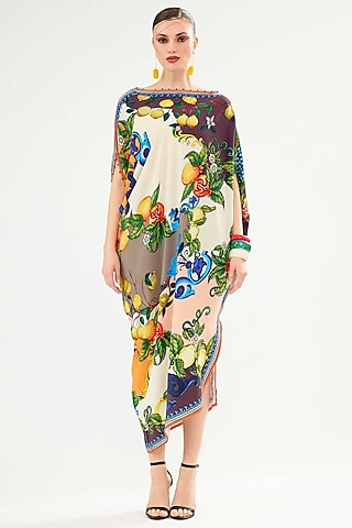 Ivory & Multi-Colored Bemberg Crepe Printed Asymmetrical Dress by Rajdeep Ranawat