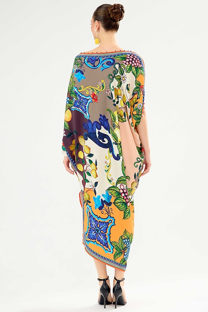 Ivory & Multi-Colored Bemberg Crepe Printed Asymmetrical Vacation Dress by Rajdeep Ranawat at Pernia's Pop Up Shop