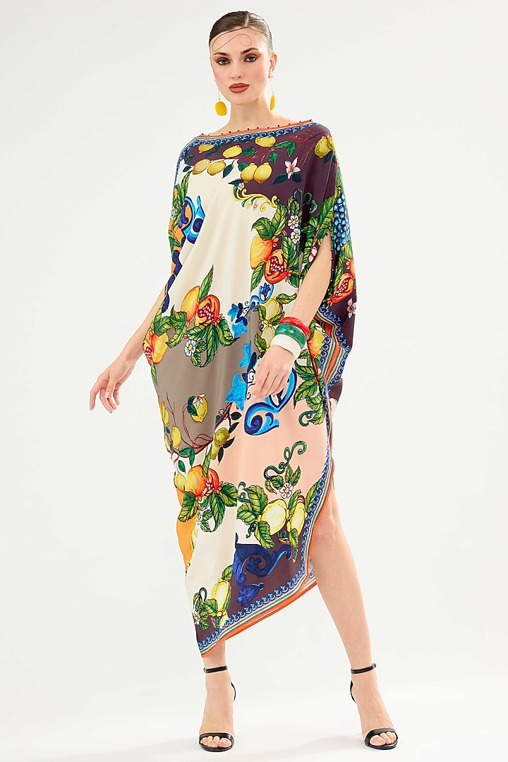 Ivory & Multi-Colored Bemberg Crepe Printed Asymmetrical Vacation Dress by Rajdeep Ranawat at Pernia's Pop Up Shop