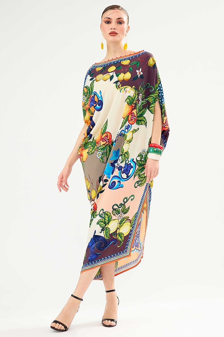 Ivory & Multi-Colored Bemberg Crepe Printed Asymmetrical Vacation Dress by Rajdeep Ranawat at Pernia's Pop Up Shop