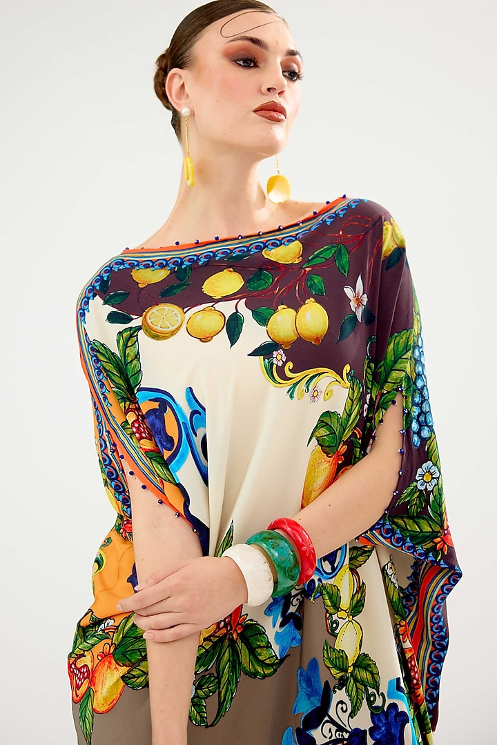 Ivory & Multi-Colored Bemberg Crepe Printed Asymmetrical Vacation Dress by Rajdeep Ranawat at Pernia's Pop Up Shop