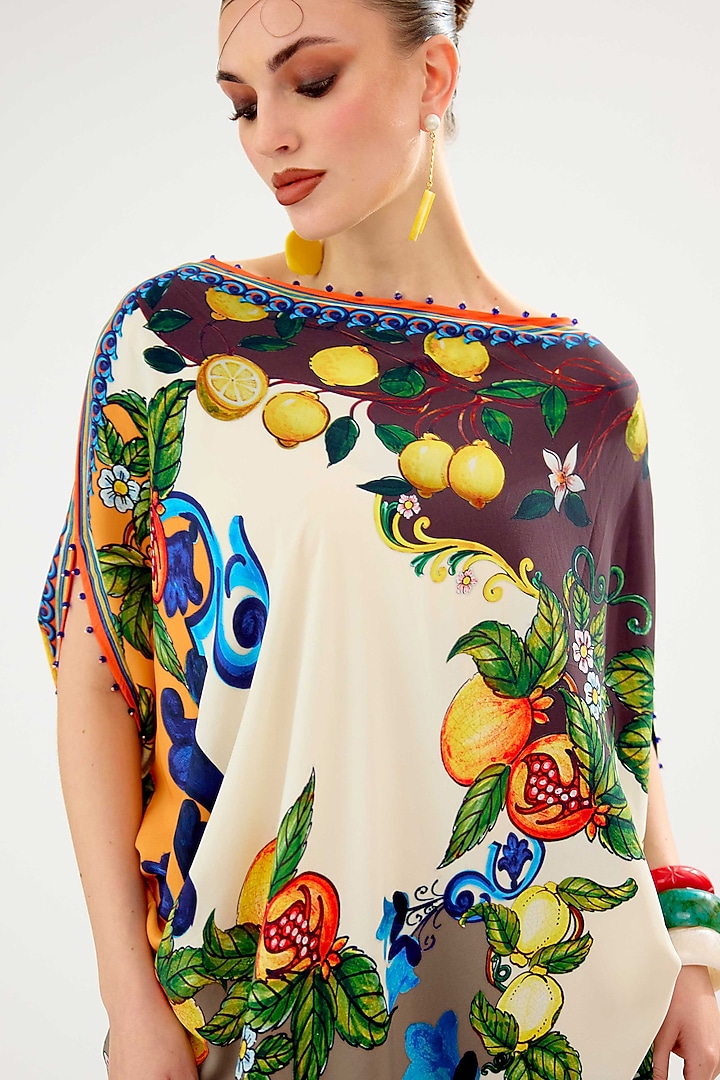 Ivory & Multi-Colored Bemberg Crepe Printed Asymmetrical Vacation Dress by Rajdeep Ranawat at Pernia's Pop Up Shop